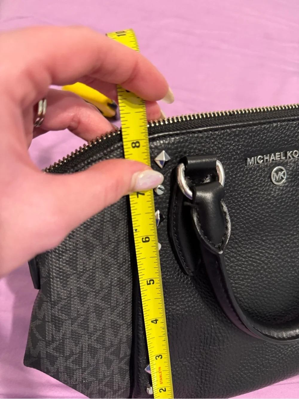Michael Kors Black Studded Leather Satchel with Silver Hardware